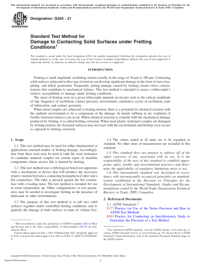 ASTM G204-2021Standard Test Method for Damage to Contacting Solid Surfaces under Fretting Conditions