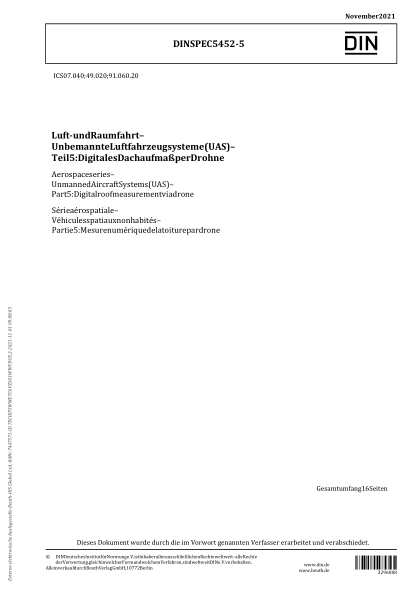 DIN SPEC 5452-5-2021Aerospace series - Unmanned Aircraft Systems (UAS) - Part 5: Digital roof measurement via drone