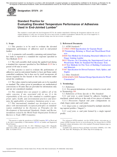 ASTM D7374-2021Standard Practice for Evaluating Elevated Temperature Performance of Adhesives Used in End-Jointed Lumber