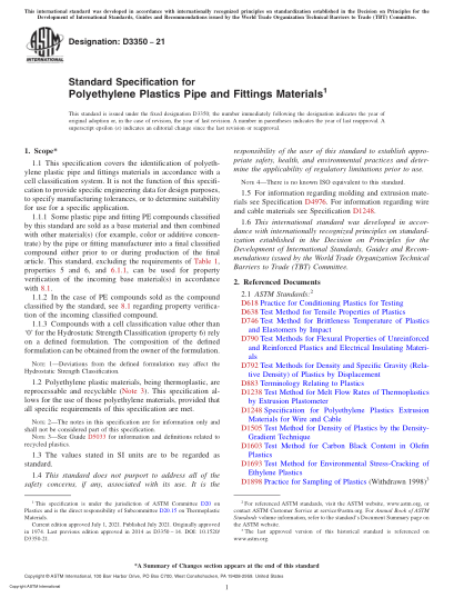 ASTM D3350-2021Standard Specification for Polyethylene Plastics Pipe and Fittings Materials