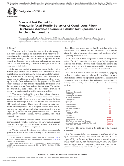 ASTM C1773-2021Standard Test Method for Monotonic Axial Tensile Behavior of Continuous Fiber-Reinforced Advanced Ceramic Tubular Test Specimens at Ambient Temperature