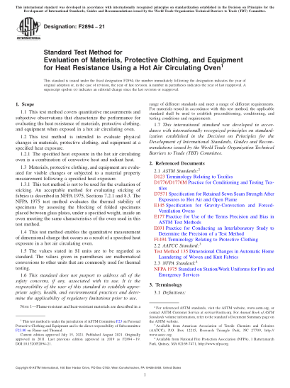 ASTM F2894-2021Standard Test Method for Evaluation of Materials, Protective Clothing, and Equipment for Heat Resistance Using a Hot Air Circulating Oven