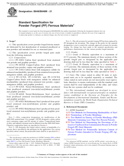 ASTM B848/B848M-2021Standard Specification for Powder Forged (PF) Ferrous Materials