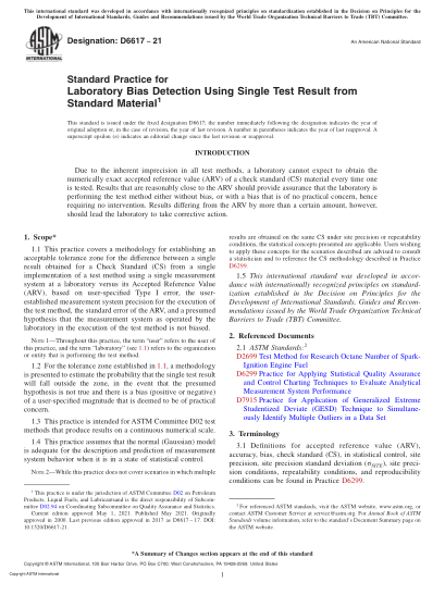 ASTM D6617-2021Standard Practice for Laboratory Bias Detection Using Single Test Result from Standard Material