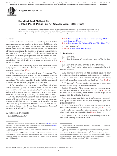 ASTM E3278-2021編織金屬絲濾布?xì)馀蔹c(diǎn)壓力的標(biāo)準(zhǔn)試驗(yàn)方法Standard Test Method for Bubble Point Pressure of Woven Wire Filter Cloth
