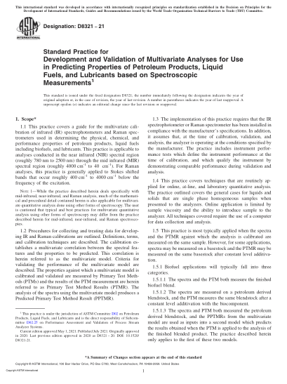 ASTM D8321-2021Standard Practice for Development and Validation of Multivariate Analyses for Use in Predicting Properties of Petroleum Products, Liquid Fuels, and Lubricants based on Spectroscopic Measurements