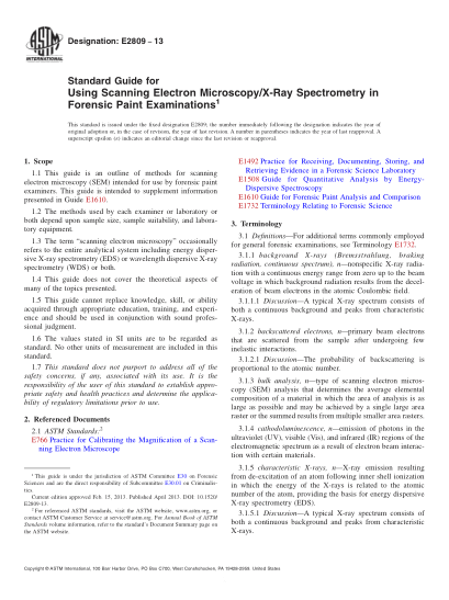 ASTM E2809-2013法醫(yī)油漆檢測中使用掃描電子顯微術(shù)和射線度譜術(shù)的指南Standard Guide for Using Scanning Electron Microscopy/X-Ray Spectrometry in Forensic Paint Examinations
