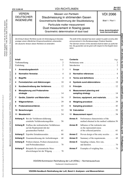 VDI 2066 Blatt 1-2021Particulate matter measurement - Dust measurement in flowing gases - Gravimetric determination of dust load