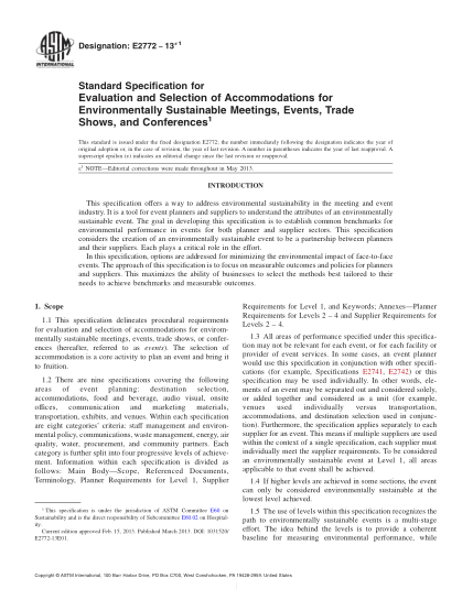 ASTM E2772-2013e1環(huán)保集會(huì)，賽事，商展和會(huì)議用居住設(shè)施的評(píng)定與選擇規(guī)范Standard Specification for Evaluation and Selection of Accommodations for Environmentally Sustainable Meetings,Events,Trade Shows,and Conferences