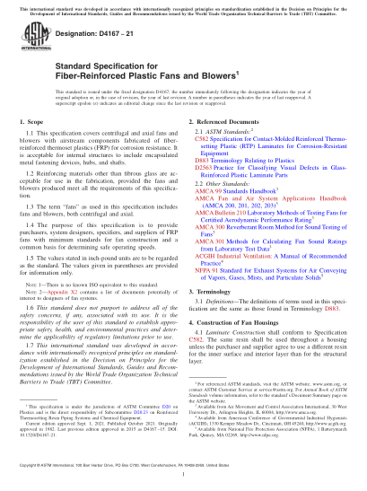 ASTM D4167-2021Standard Specification for Fiber-Reinforced Plastic Fans and Blowers