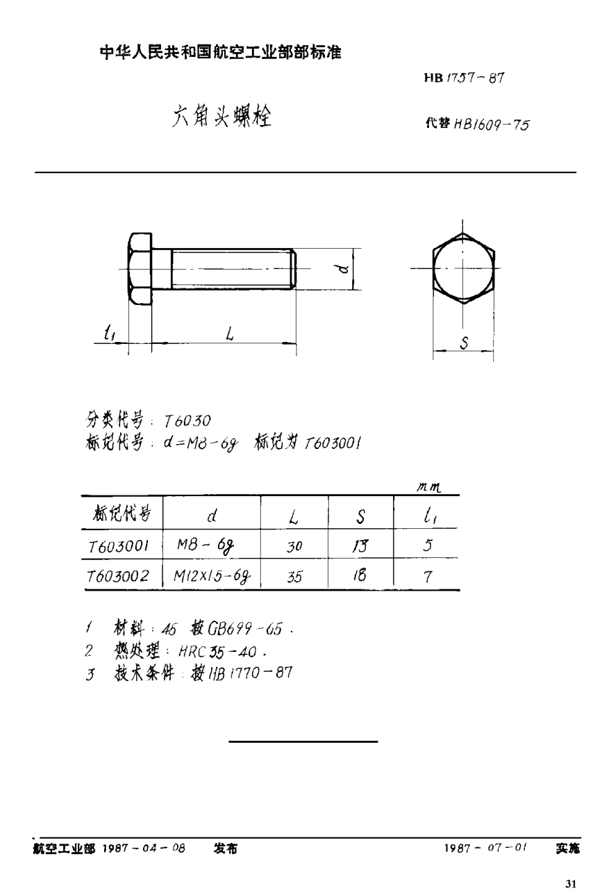 HB 1757-1987六角頭螺栓