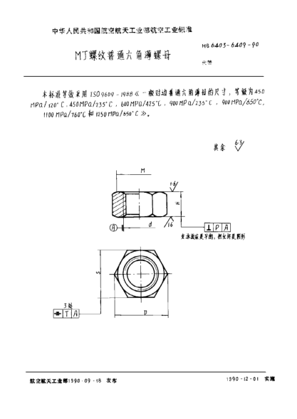 HB 6407-1990ＭＪ螺紋普通六角薄螺母
