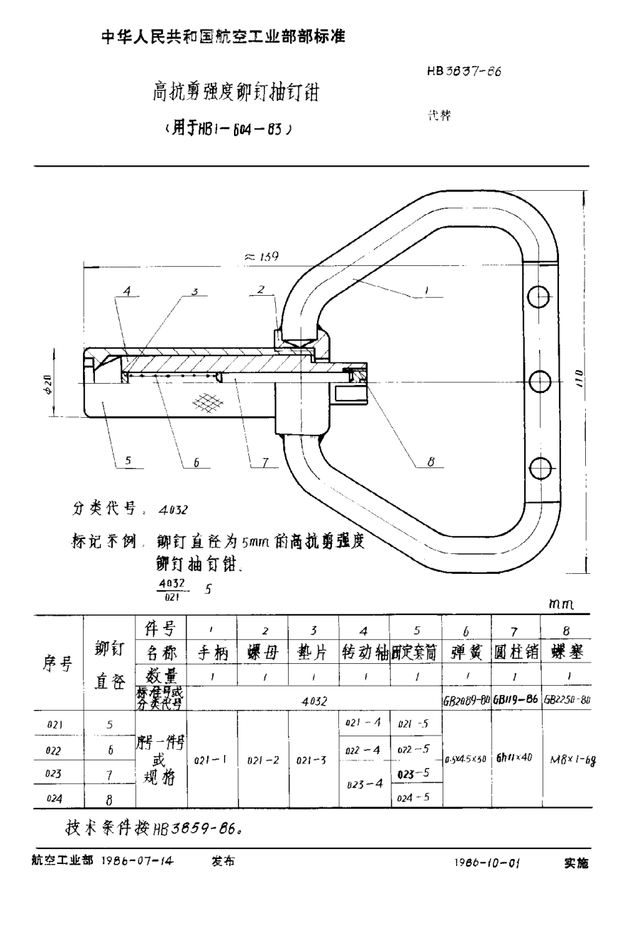 HB 3837-1986高抗剪強(qiáng)度鉚釘抽釘鉗 （用于ＨＢ １－６０４－８３）