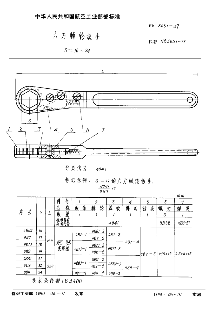 HB 3051-1989六方棘輪扳手 S＝16~24