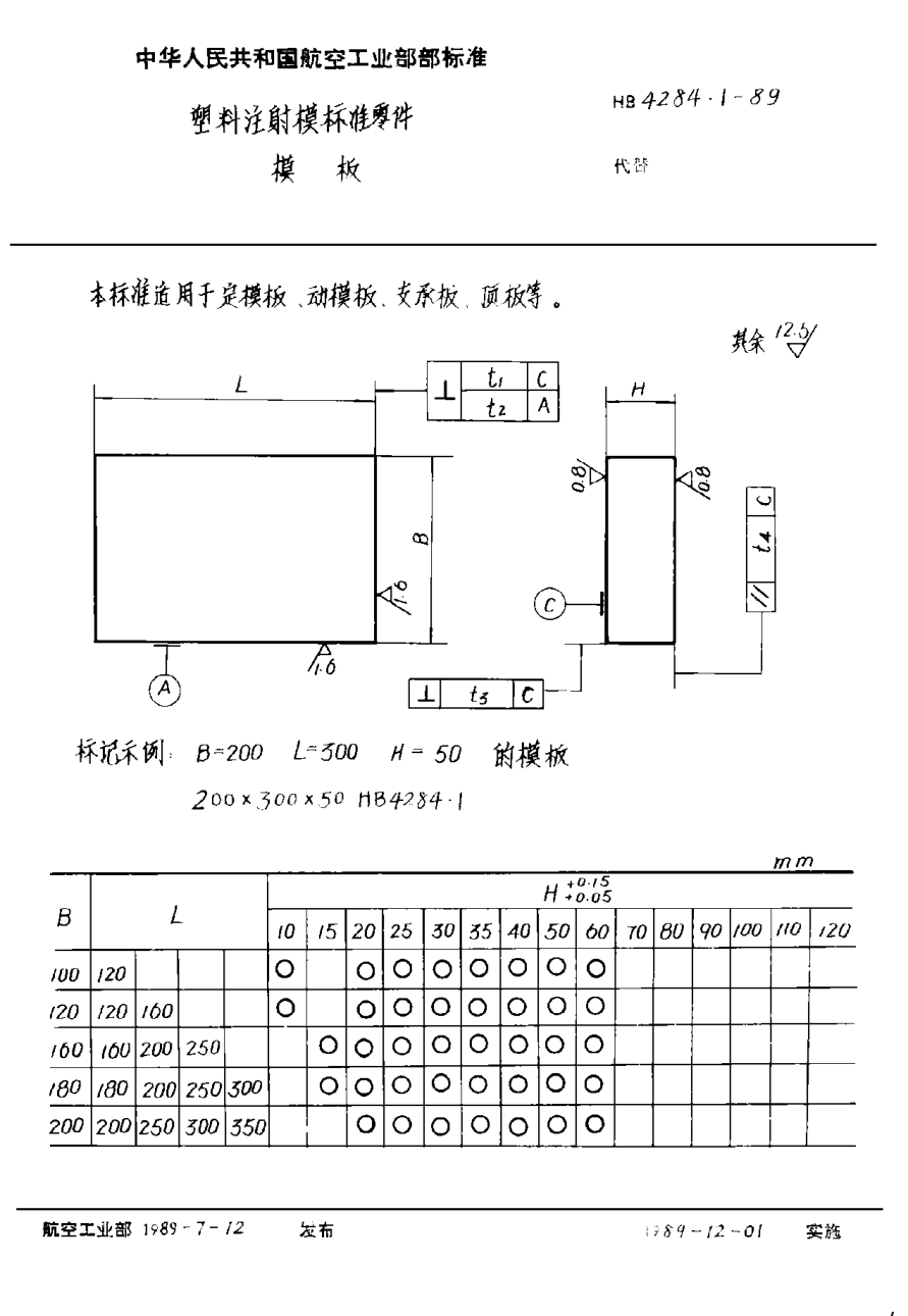 HB 4284.1-1989塑料注射模標(biāo)準(zhǔn)零件 模板