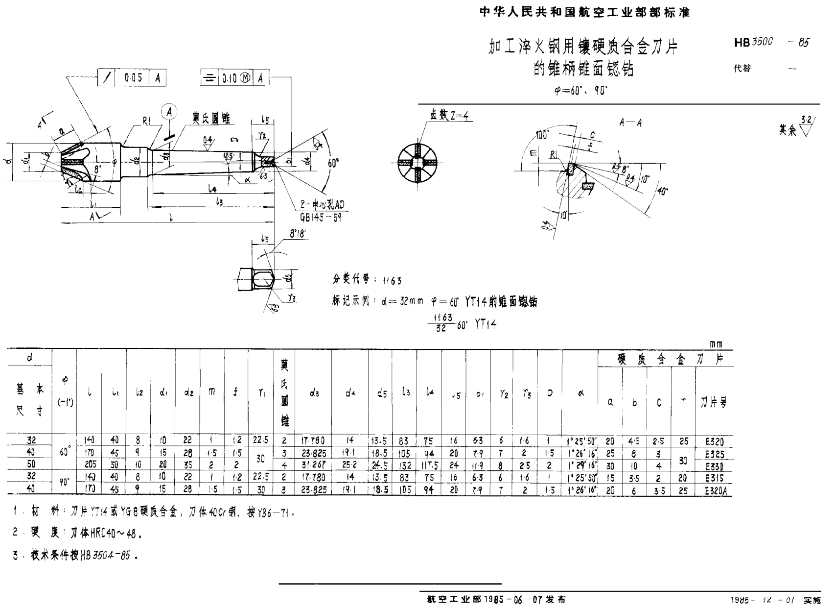 HB 3500-1985加工淬火鋼用鑲硬質合金刀片的錐柄錐面锪鉆 Φ＝６０°、９０°