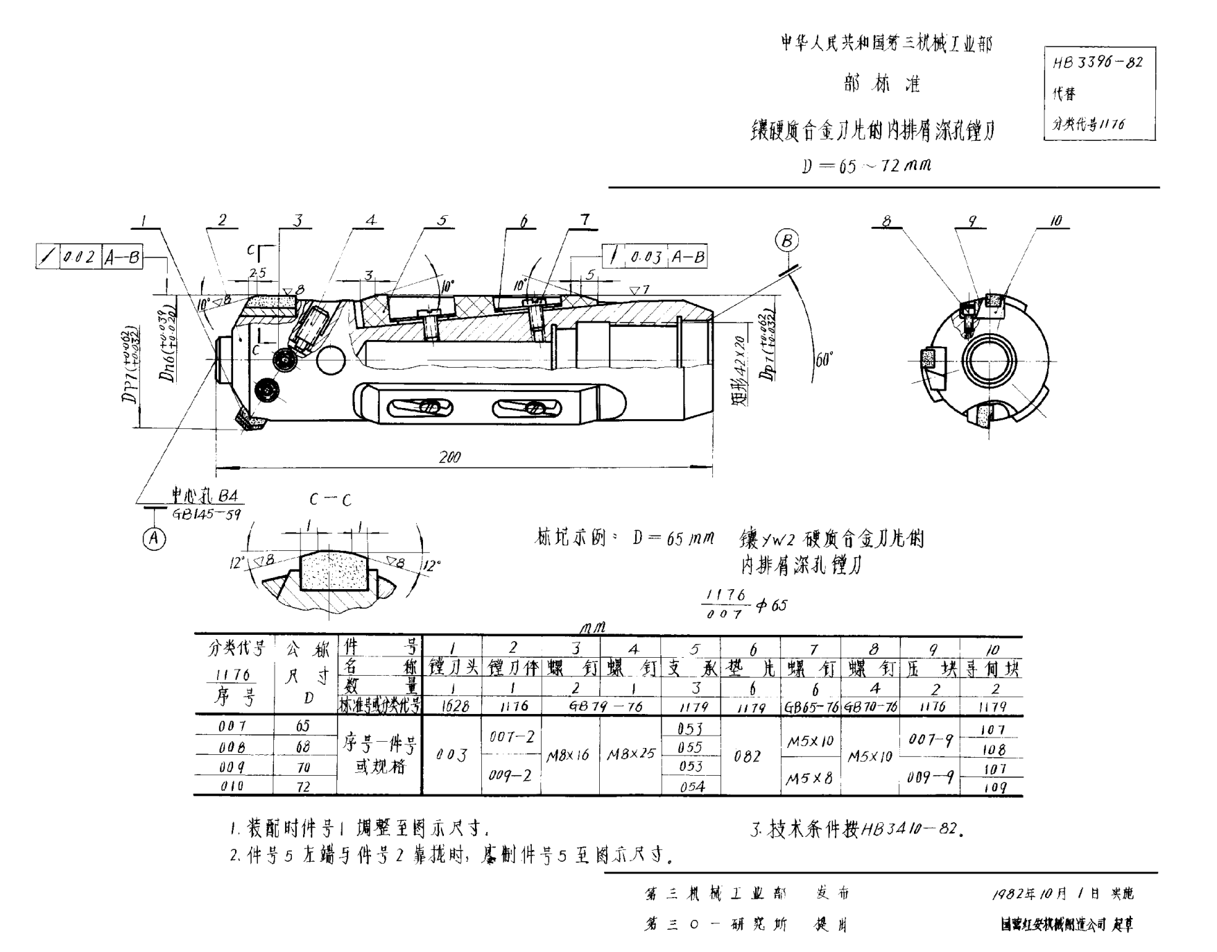 HB 3396-1982鑲硬質(zhì)合金刀片的內(nèi)排屑深孔鏜刀 D＝65~72mm