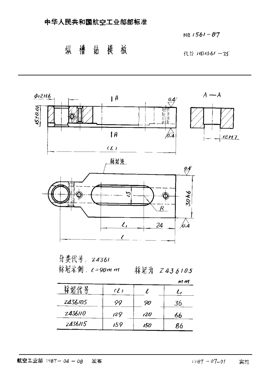 HB 1561-1987縱槽鉆模板