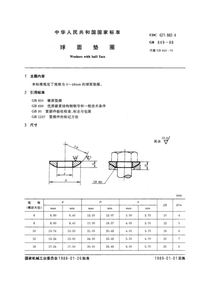 GB/T 849-1988球面墊圈Washers with ball face