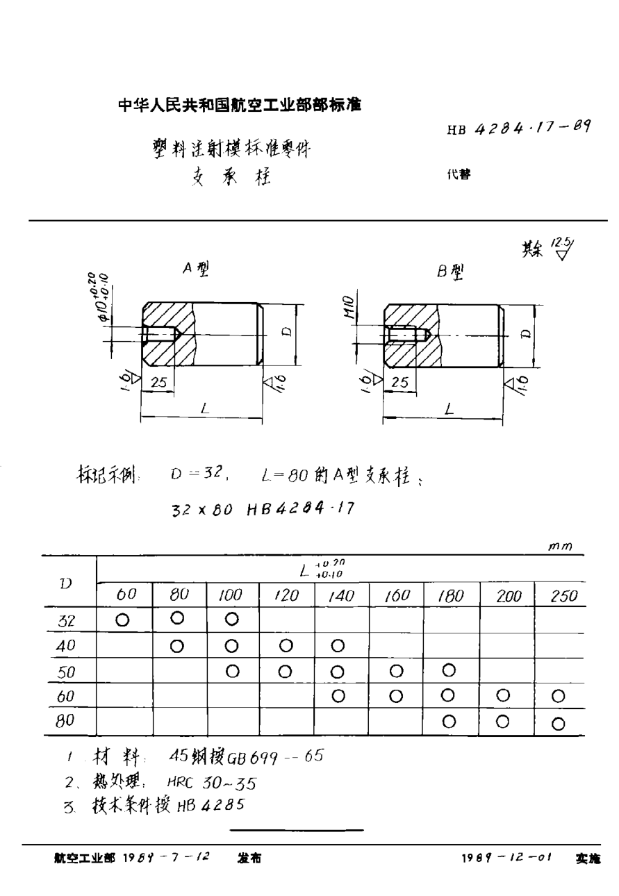 HB 4284.17-1989塑料注射模標(biāo)準(zhǔn)零件 支承柱
