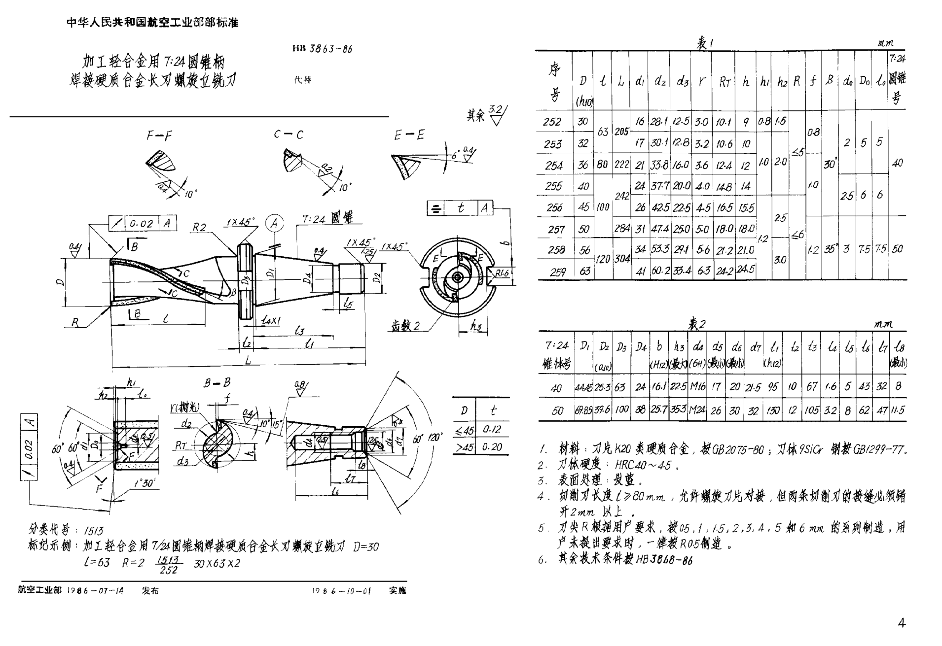 HB 3863-1986加工輕合金用７∶２４圓錐柄焊接硬質(zhì)合金長刃螺旋立銑刀