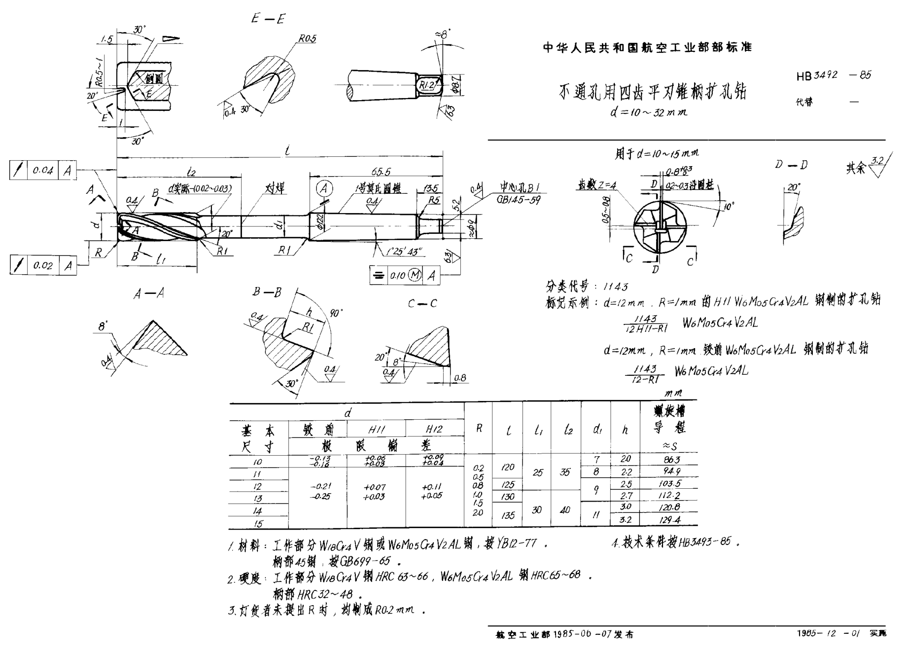 HB 3492-1985不通孔用四齒平刃錐柄擴(kuò)孔鉆u3000d＝10~32mm