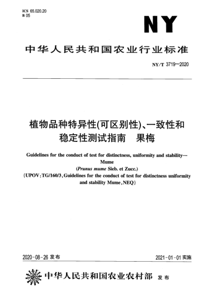 NY/T 3719-2020植物品種特異性（可區(qū)別性）、一致性和穩(wěn)定性測試指南 果梅