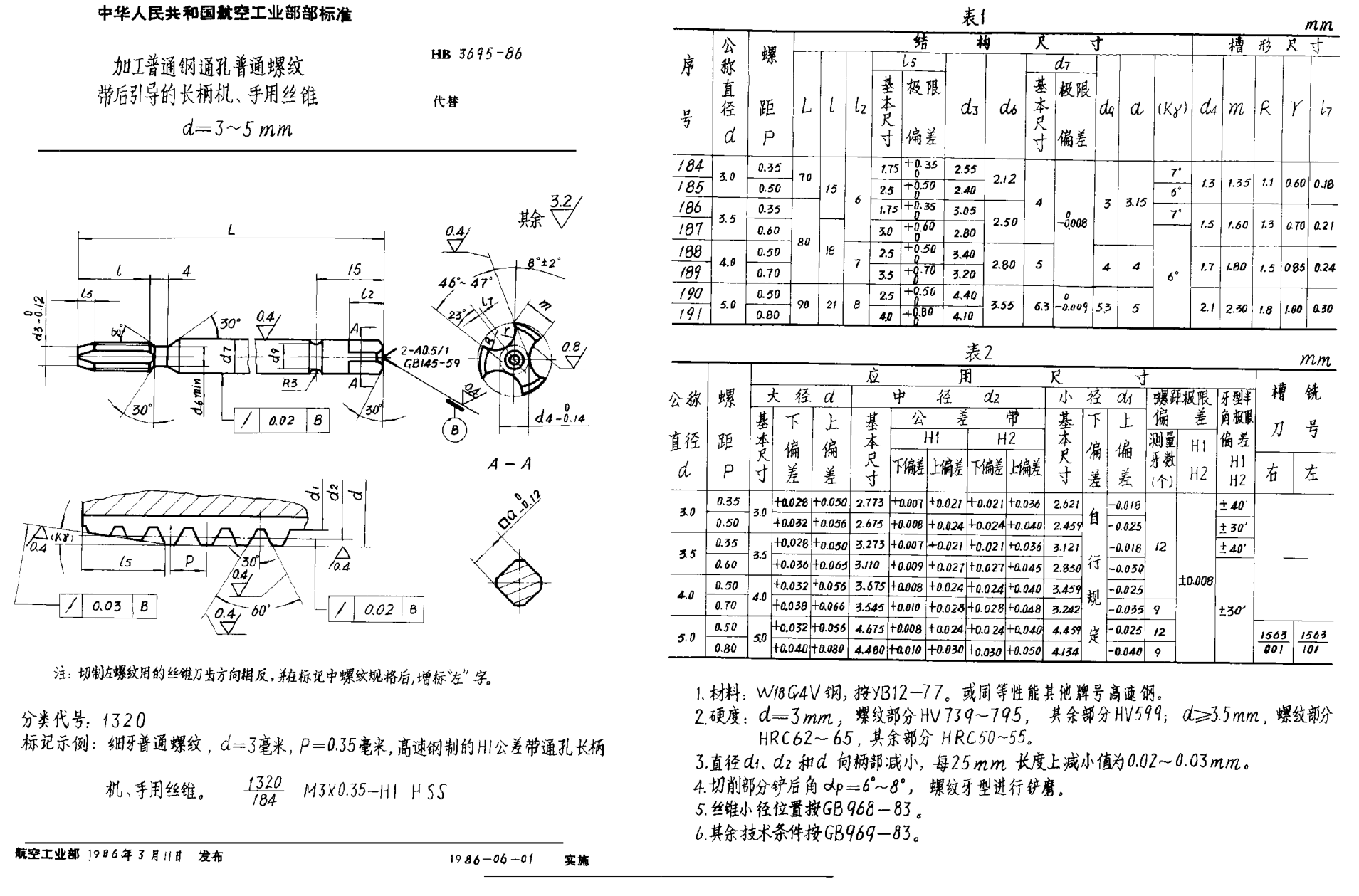 HB 3695-1986加工普通鋼通孔普通螺紋帶后引導的長柄機、手用絲錐 d＝3~5mm