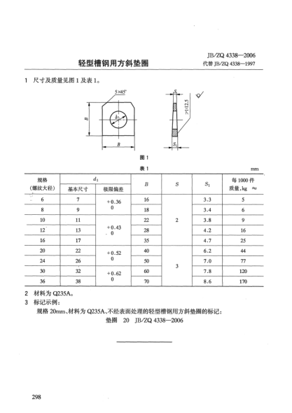 JB/ZQ 4338-2006輕型槽鋼用方斜墊圈