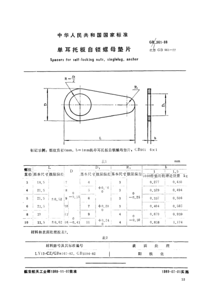GB/T 961-1988單耳托板自鎖螺母墊片Spacers for self-locking nuts,single lug