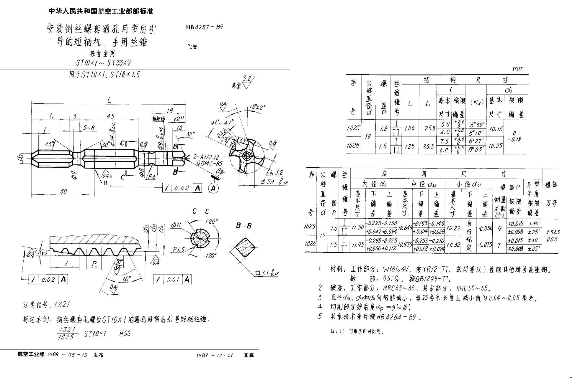 HB 4257-1989安裝鋼絲螺套通孔用帶后引導(dǎo)的短柄機(jī)、手用絲錐 輕合金用 ＳＴ１０×１~ＳＴ３３×２