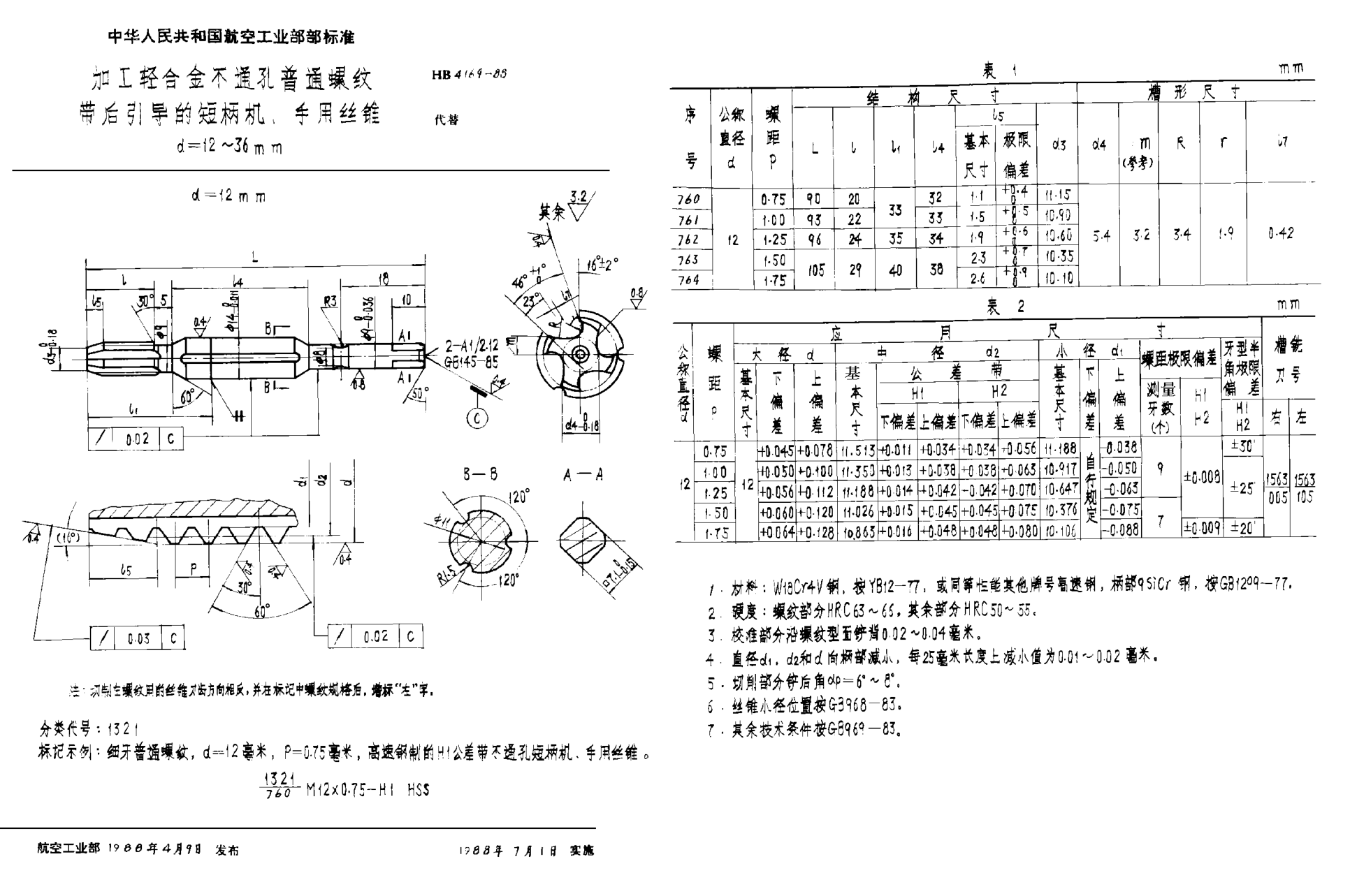 HB 4169-1988加工輕合金不通孔普通螺紋帶后引導(dǎo)的短柄機(jī)、手用絲錐 ｄ＝１２~３６ｍｍ