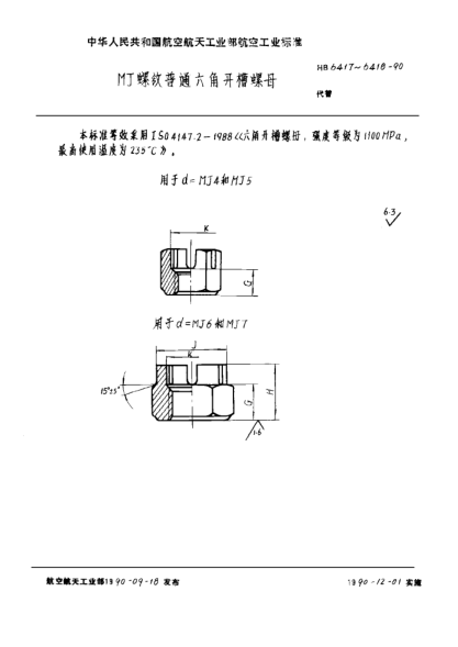 HB 6418-1990ＭＪ螺紋普通六角開(kāi)槽螺母
