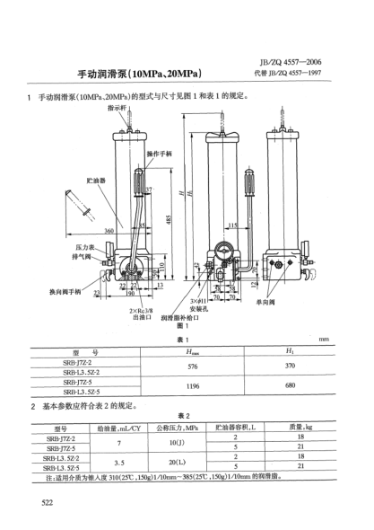 JB/ZQ 4557-2006手動潤滑泵(10MPa、20MPa)