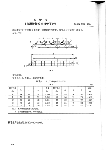 JB/ZQ 4772-2006四管夾(當(dāng)用活接頭連接管子時)