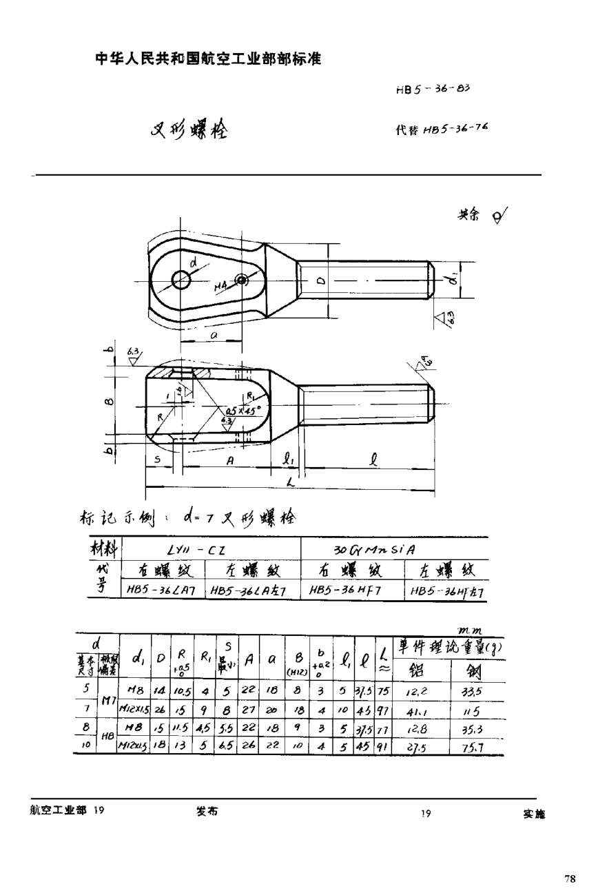 HB 5-36-1983叉形螺栓