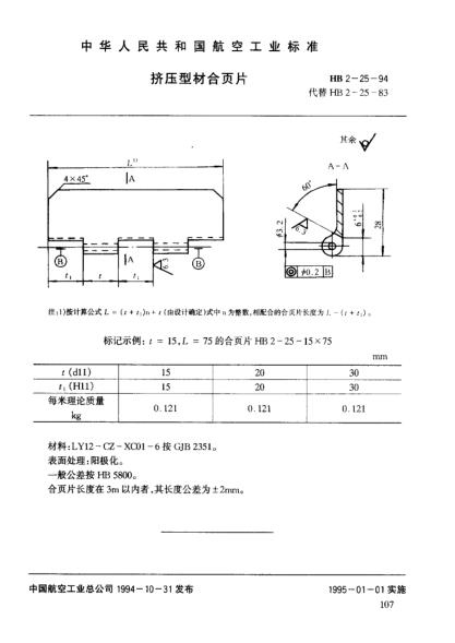 HB 2-25-1994擠壓型材合頁(yè)片