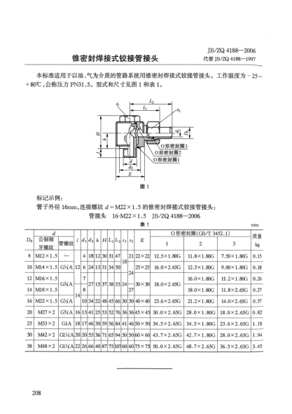JB/ZQ 4188-2006錐密封焊接式鉸接管接頭