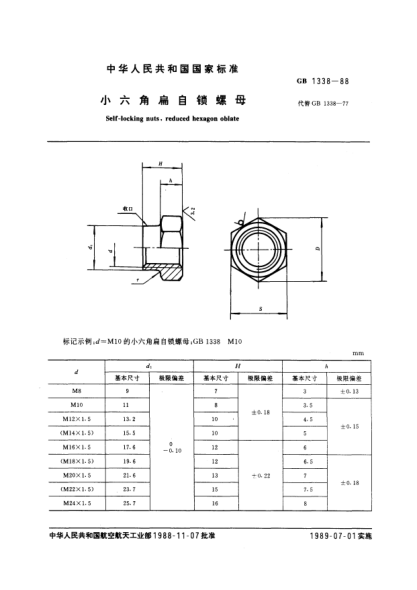 GB/T 1338-1988小六角扁自鎖螺母Self-locking nuts,reduced hexagon oblate