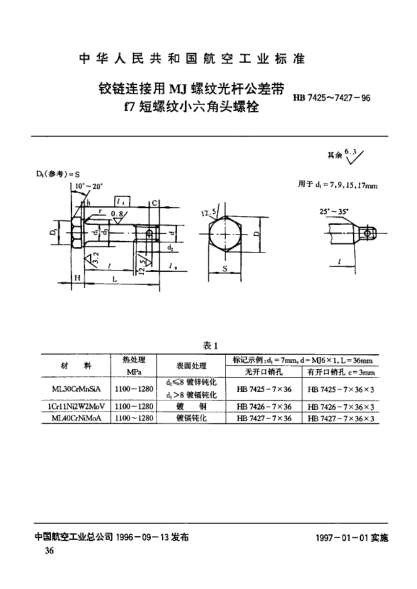 HB 7427-1996鉸鏈連接用ＭＪ螺紋光桿公差帶ｆ７短螺紋小六角頭螺栓