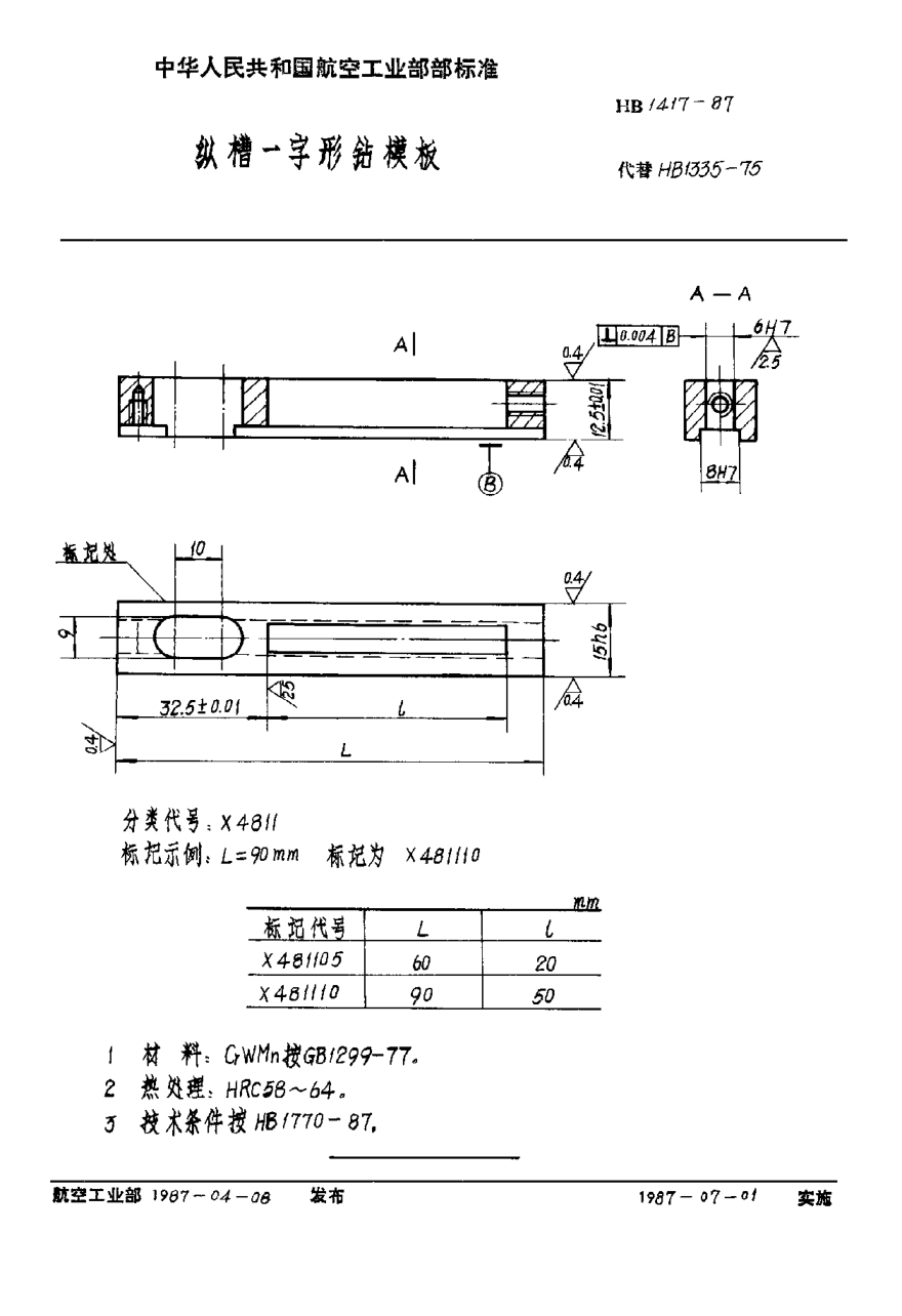 HB 1417-1987縱槽一字形鉆模板