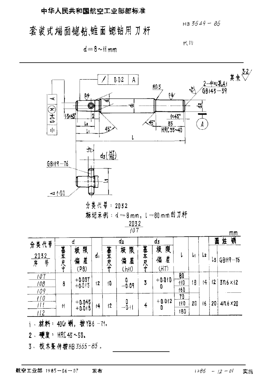 HB 3549-1985套裝式端面锪鉆、錐面锪鉆用刀桿 d＝8~11mm