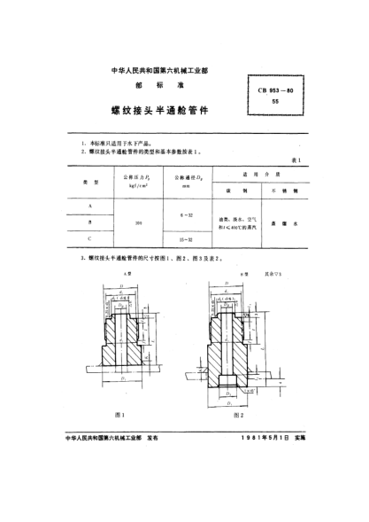 CB 953-1980螺紋接頭半通艙管件
