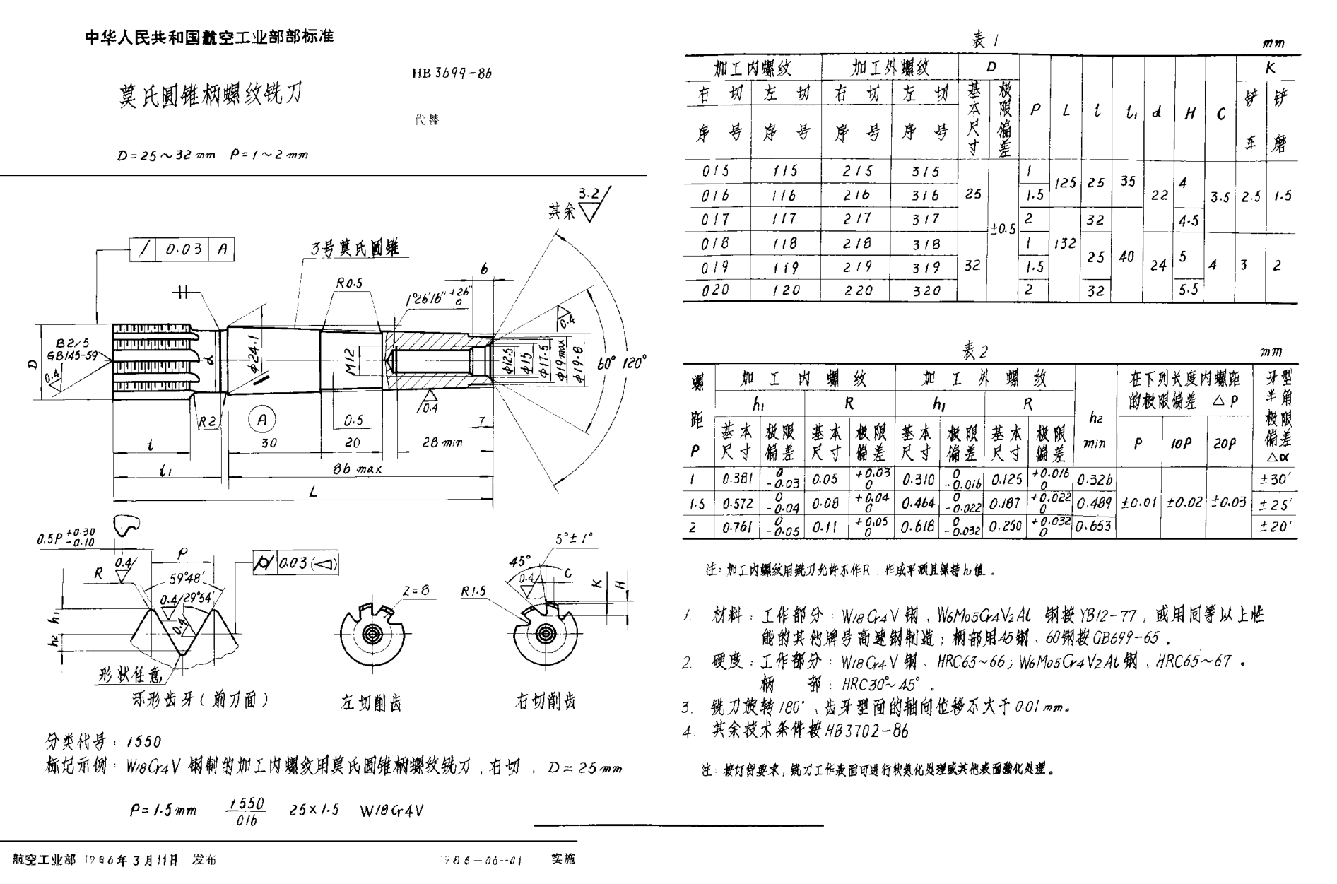 HB 3699-1986莫氏圓錐柄螺紋銑刀 D＝25~32mm P＝1~2mm