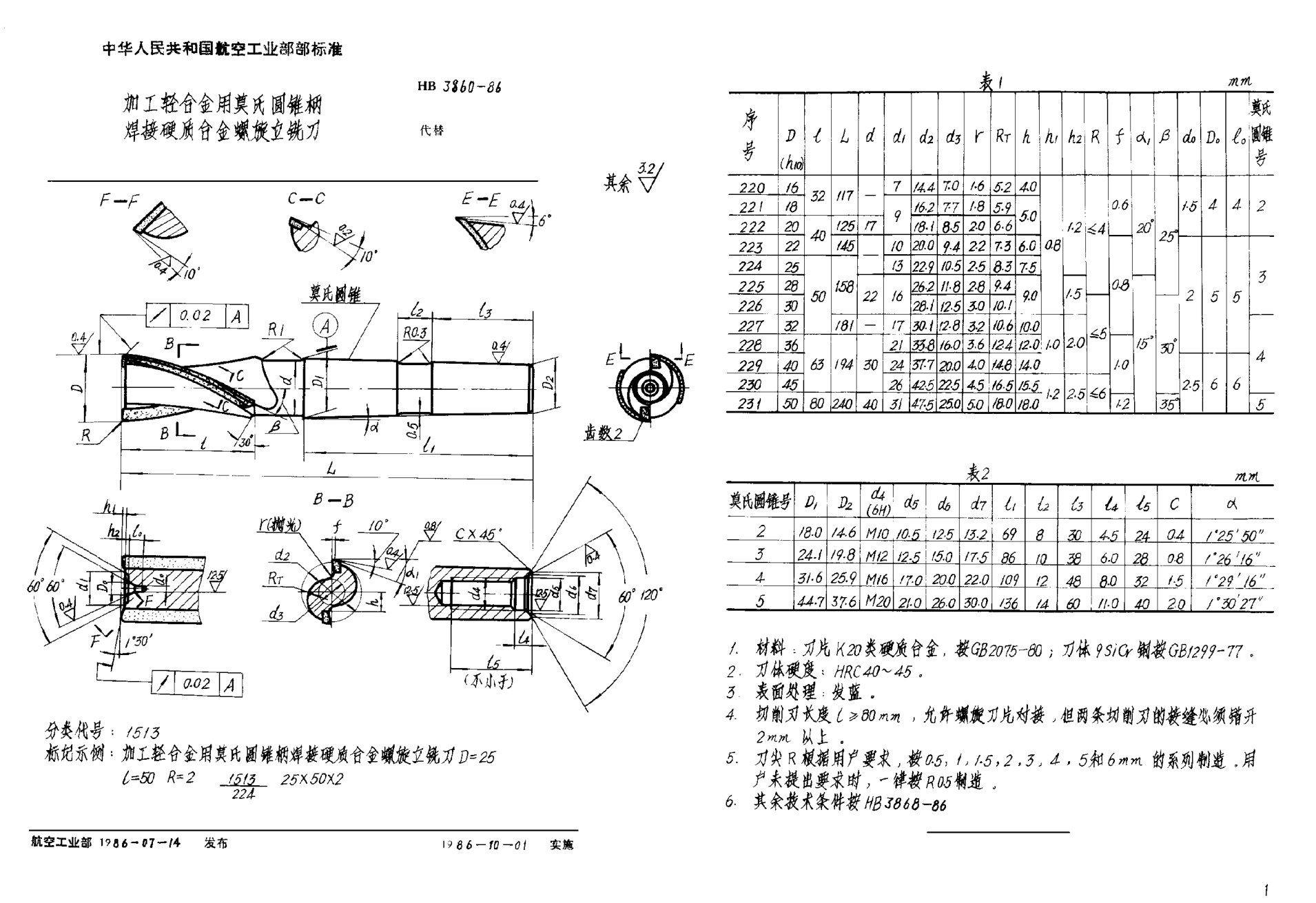 HB 3860-1986加工輕合金用莫氏圓錐柄焊接硬質(zhì)合金螺旋立銑刀