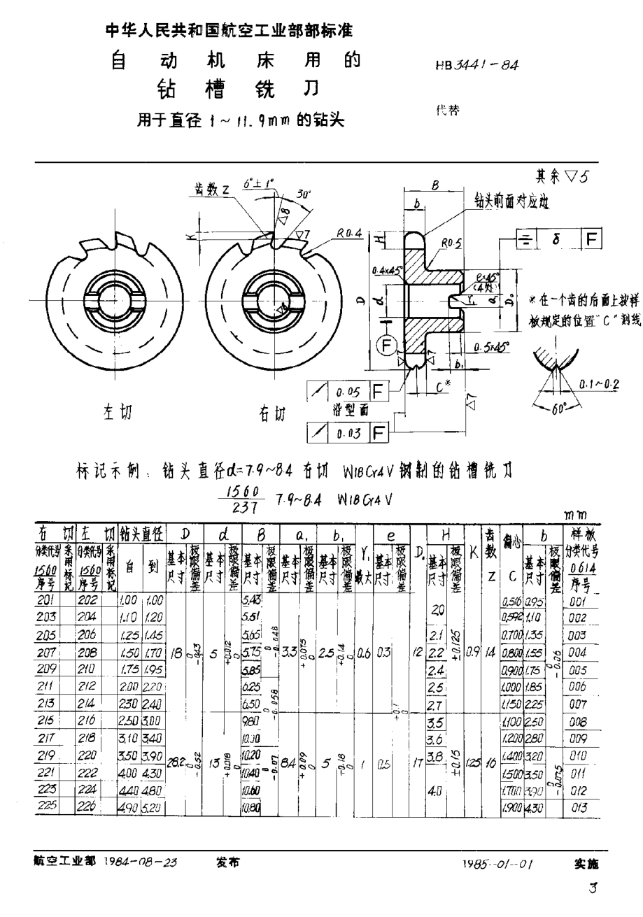 HB 3441-1984自動(dòng)機(jī)床用的鉆槽銑刀 用于直徑1~11.9mm的鉆頭