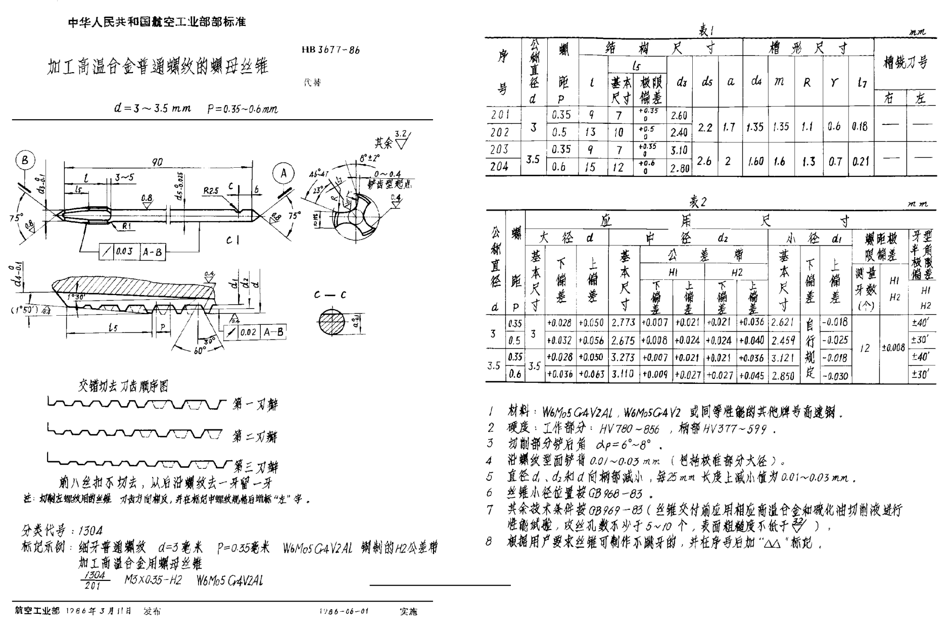 HB 3677-1986加工高溫合金普通螺紋的螺母絲錐 d＝3~3.5mm P＝0.35~0.6mm