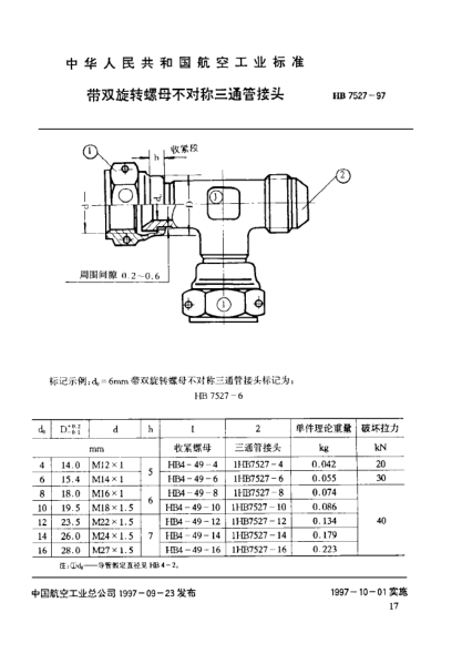 HB 7527-1997帶雙旋轉(zhuǎn)螺母不對稱三通管接頭