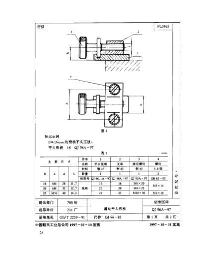 QJ 96.1A-1997機(jī)床夾具零件及部件 滑動平頭壓板 平頭壓板
