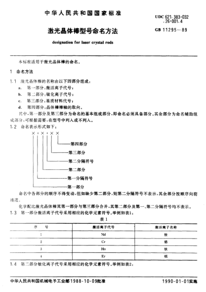 GB/T 11295-1989激光晶體棒型號命名方法